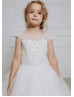 Cap Sleeves Beaded Ivory Lace Tulle Flower Girl Dress